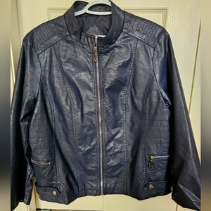 Navy Blue Faux Leather Jacket